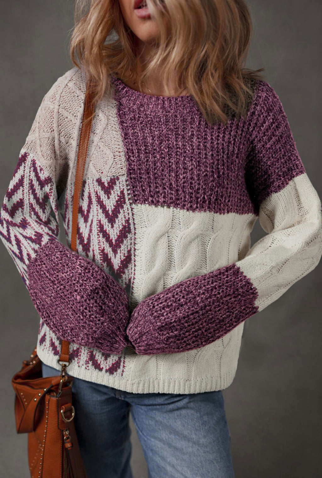 Purple Patchwork Cable Knit Sweater
