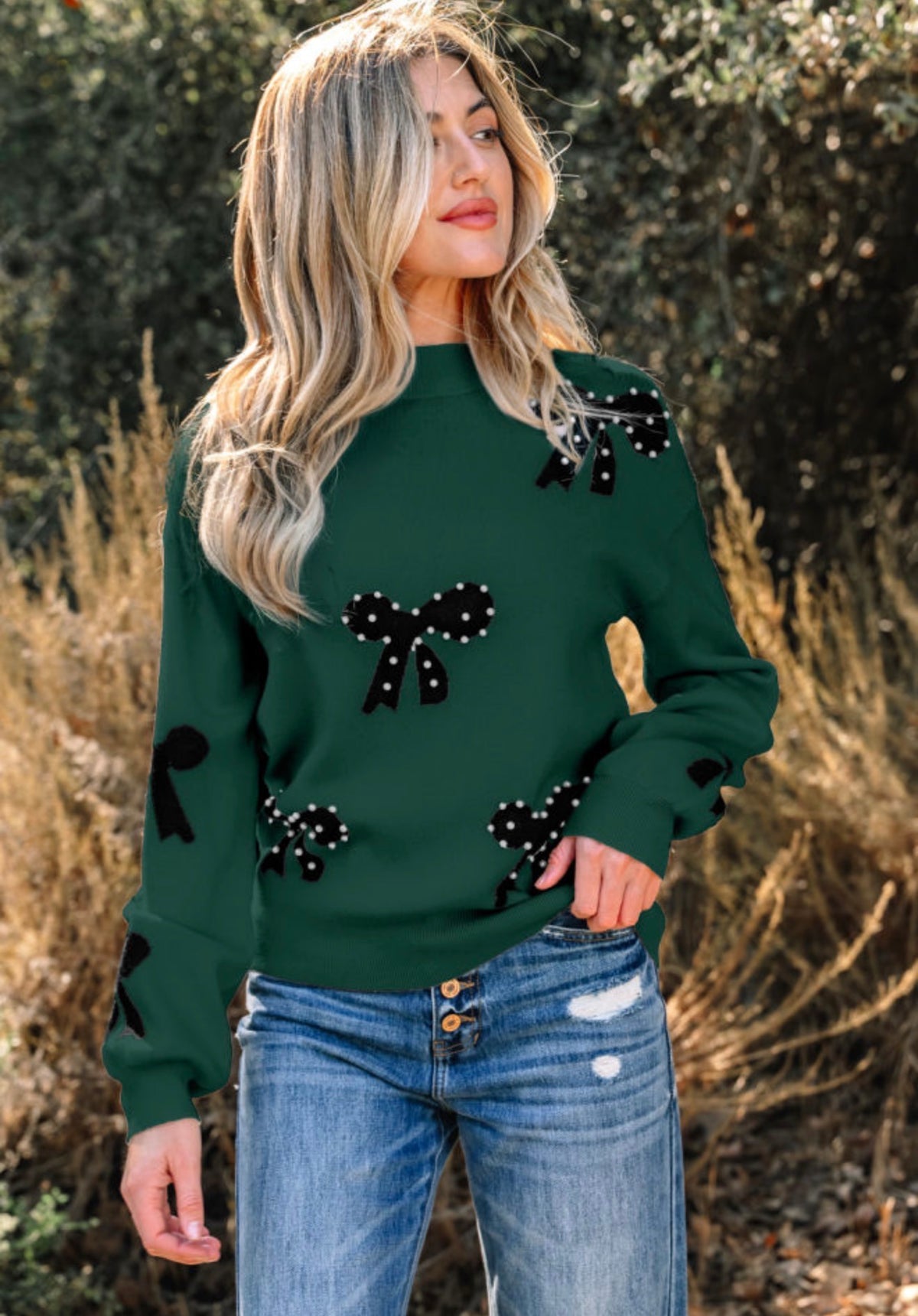 Forest Green Pearl Bow Knit Sweater