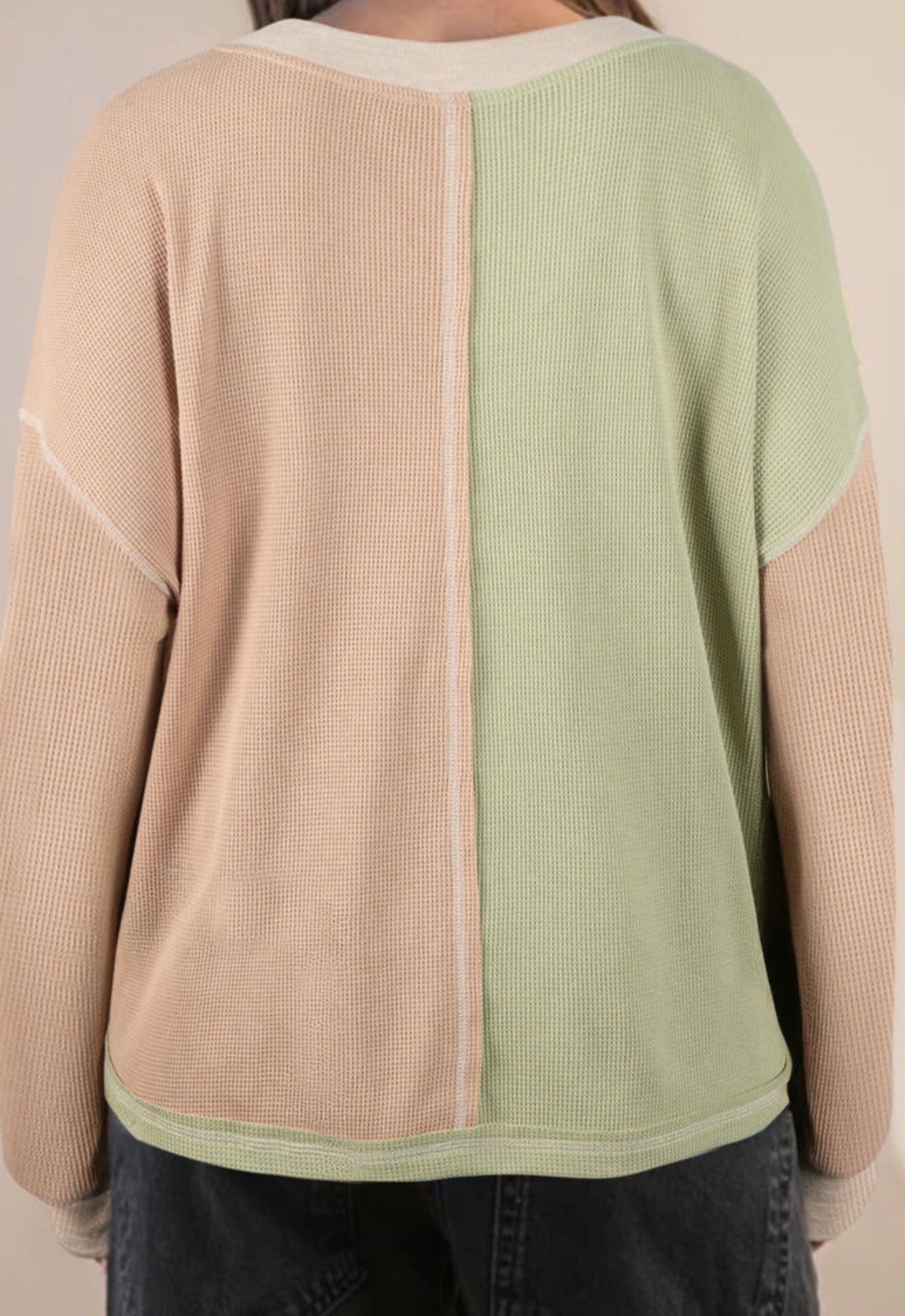 Sage Green, Cream & Blush Colorblock Waffle Knit Top
