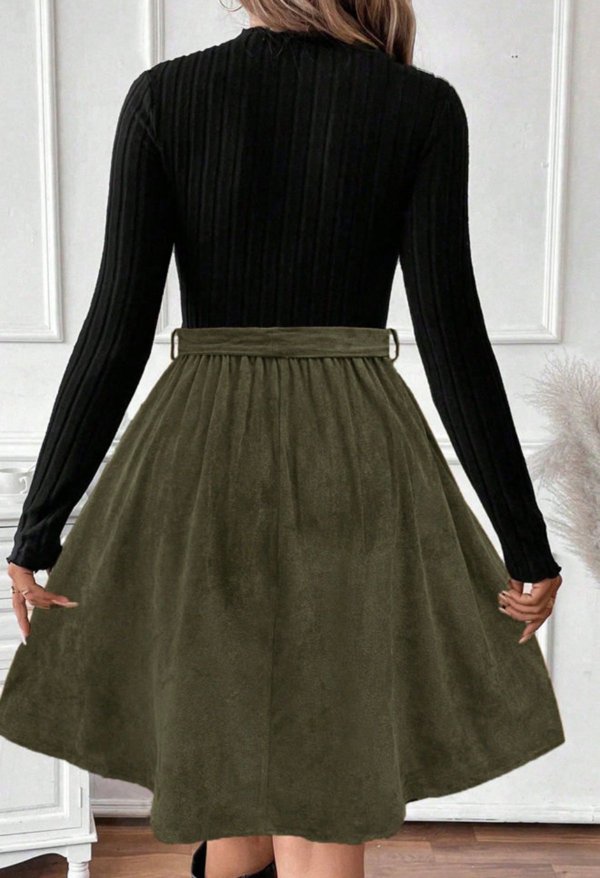 Olive Green & Black Colorblock Tie-Waist Mini Dress