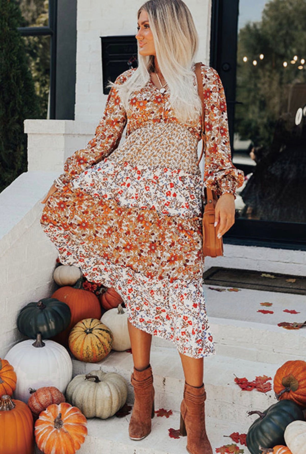 Autumn Floral Tiered Midi Dress