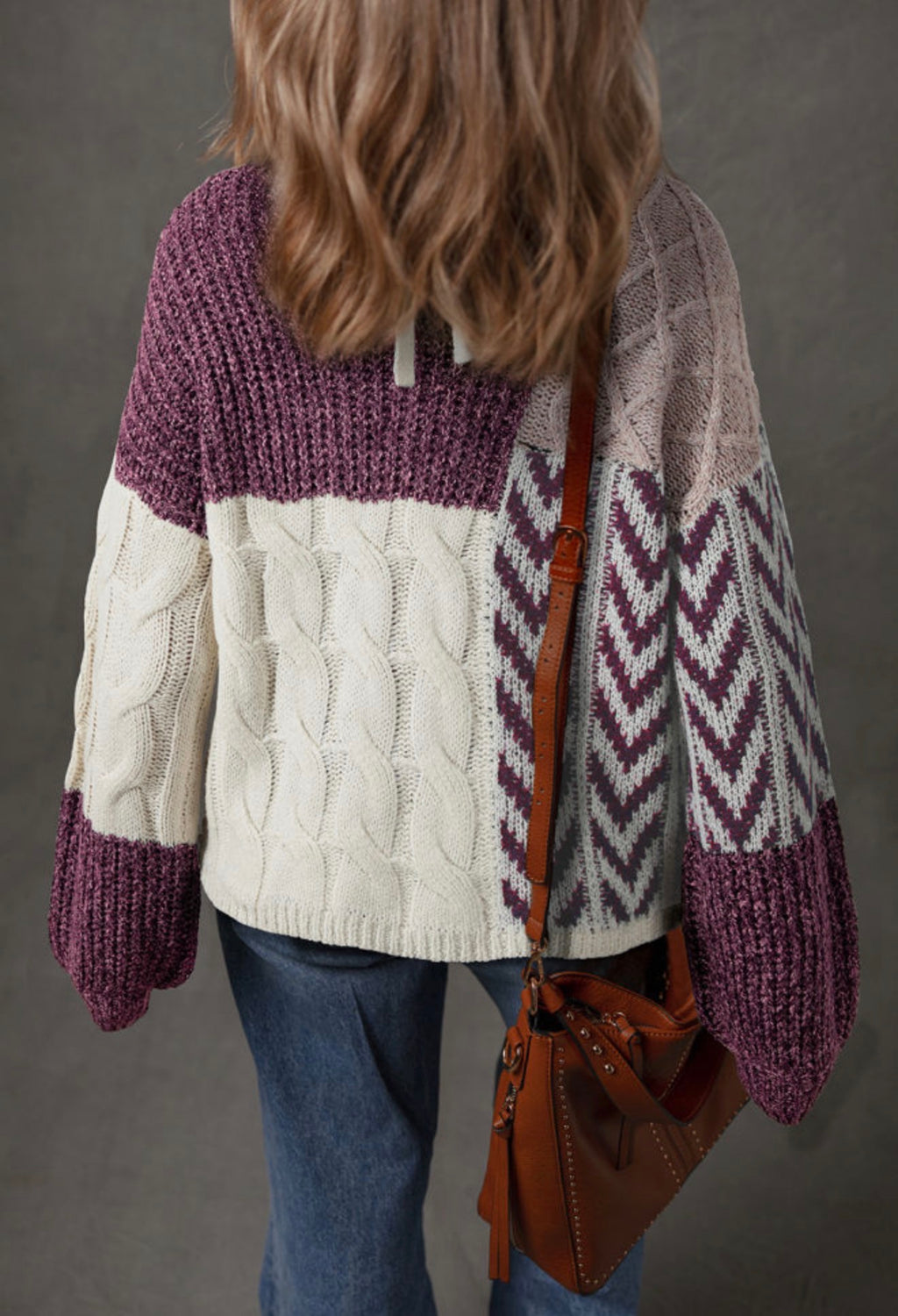 Purple Patchwork Cable Knit Sweater