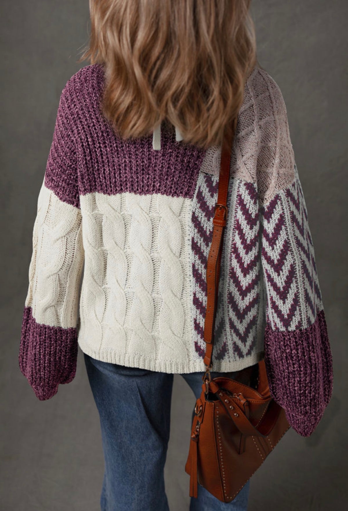 Purple Patchwork Cable Knit Sweater