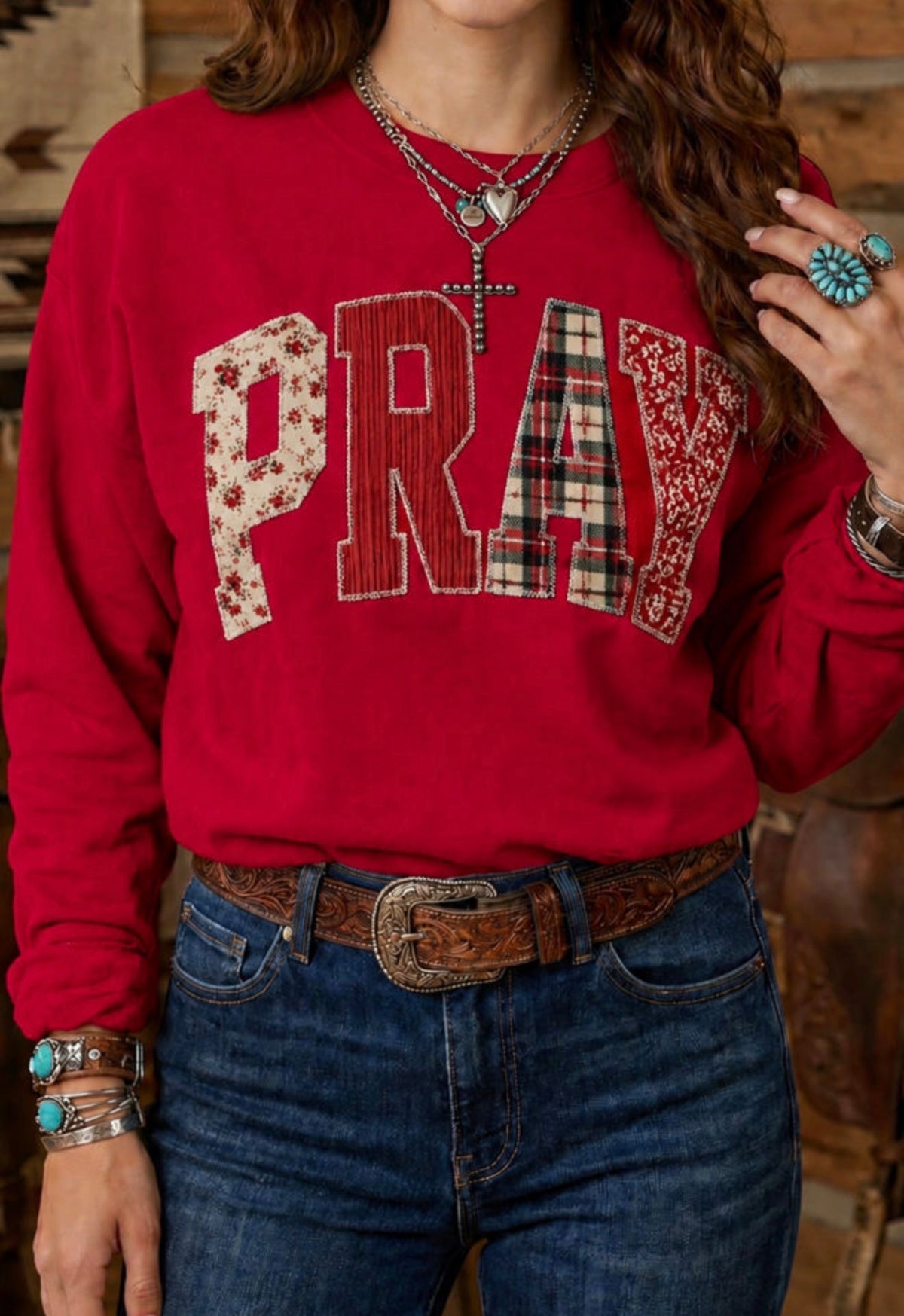 Racing Red PRAY Patchwork Graphic Sweatshirt
