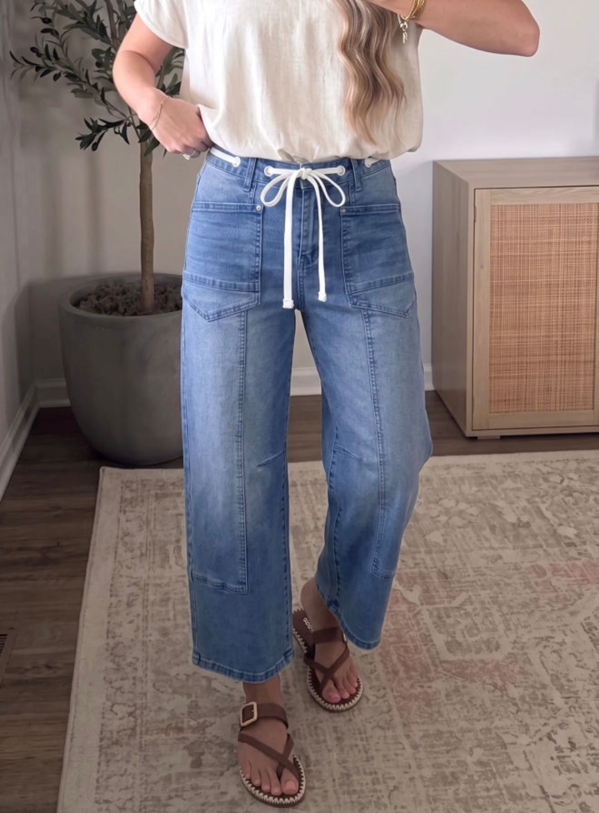 Beau Blue Drawstring Wide Leg Cropped Jeans