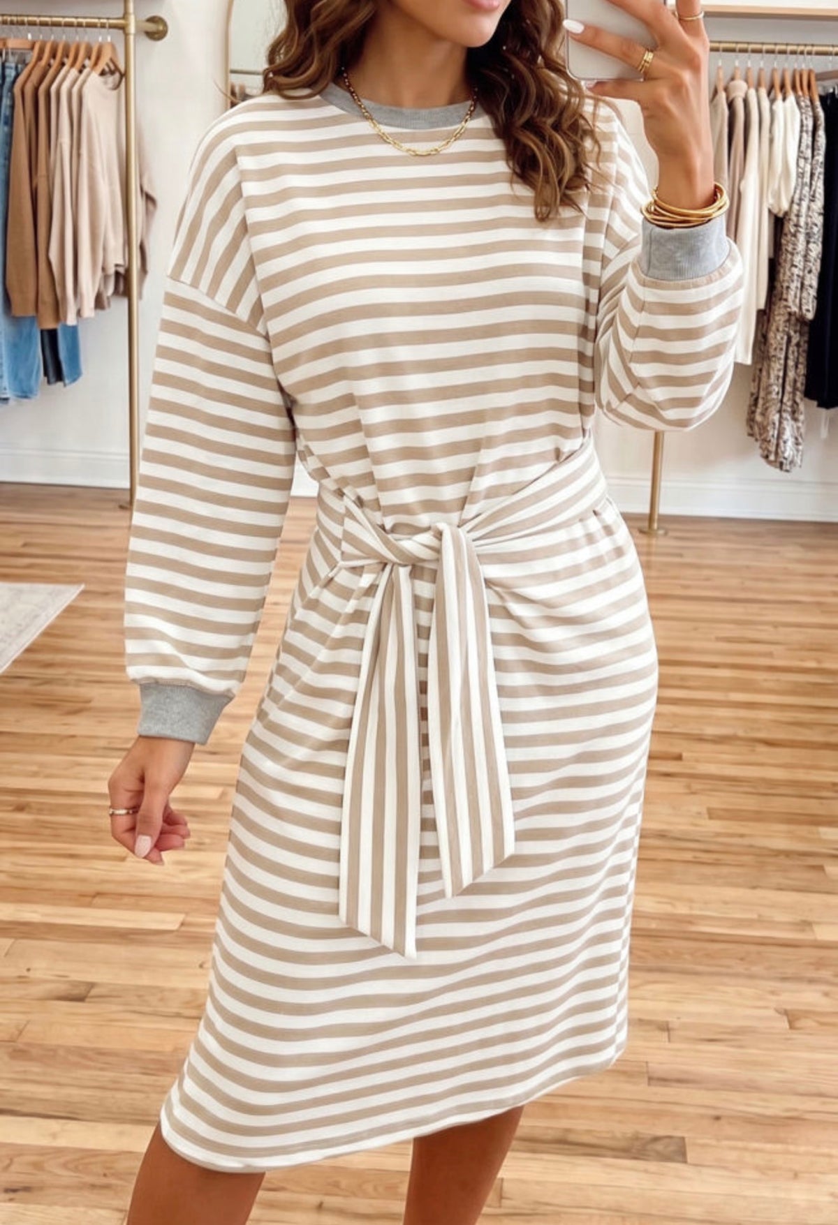 Khaki & White Striped Tie-Waist Dress