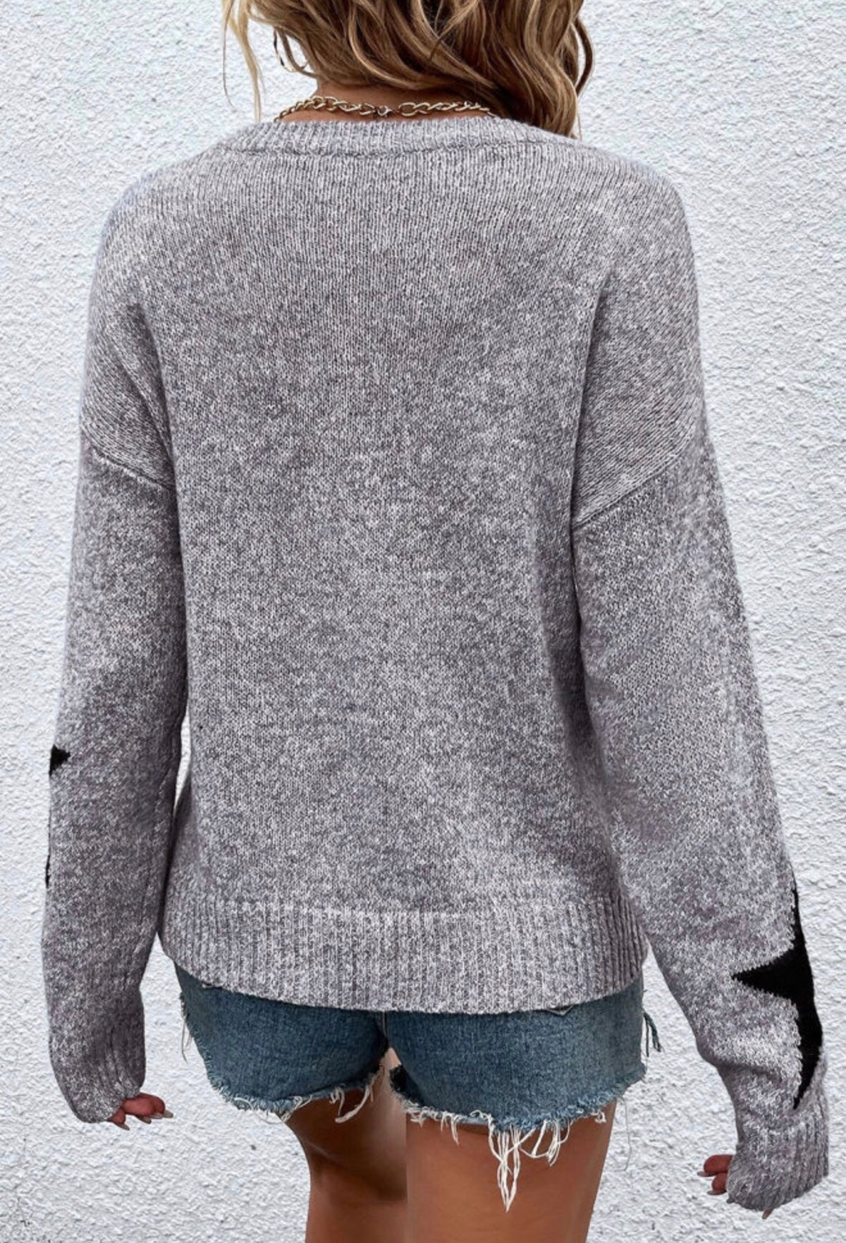 Gray & Black Star Print Knit Sweater