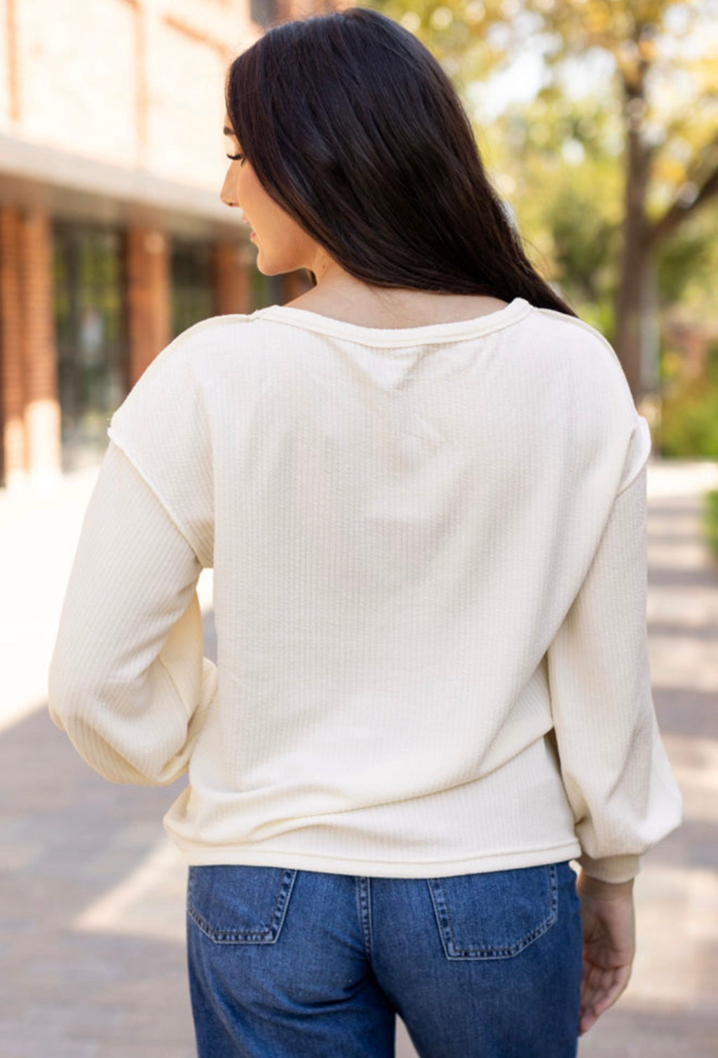 Cream Colorblock Textured Knit Long Sleeve Top