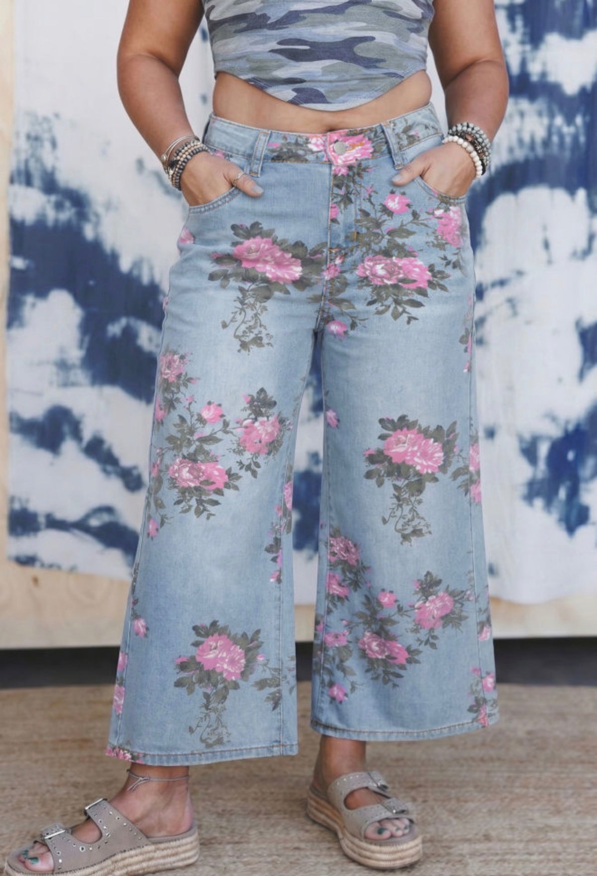 Plus Size Sky Blue Floral Wide Leg Jeans