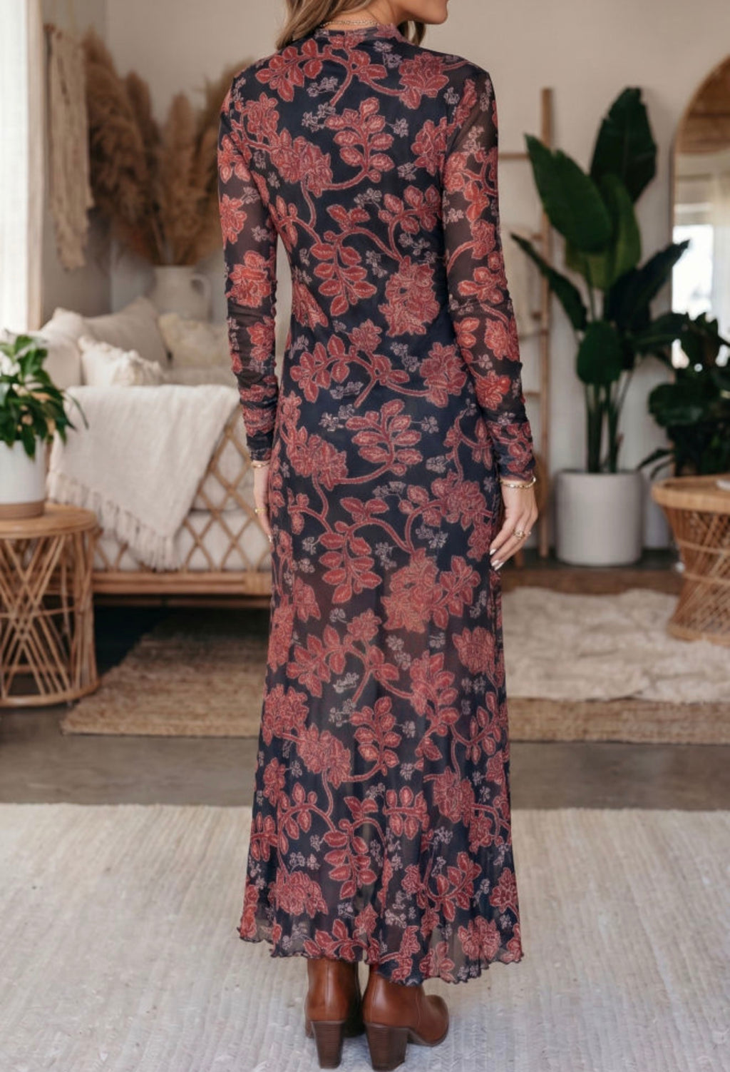 Black & Rust Floral Long Sleeve Maxi Dress