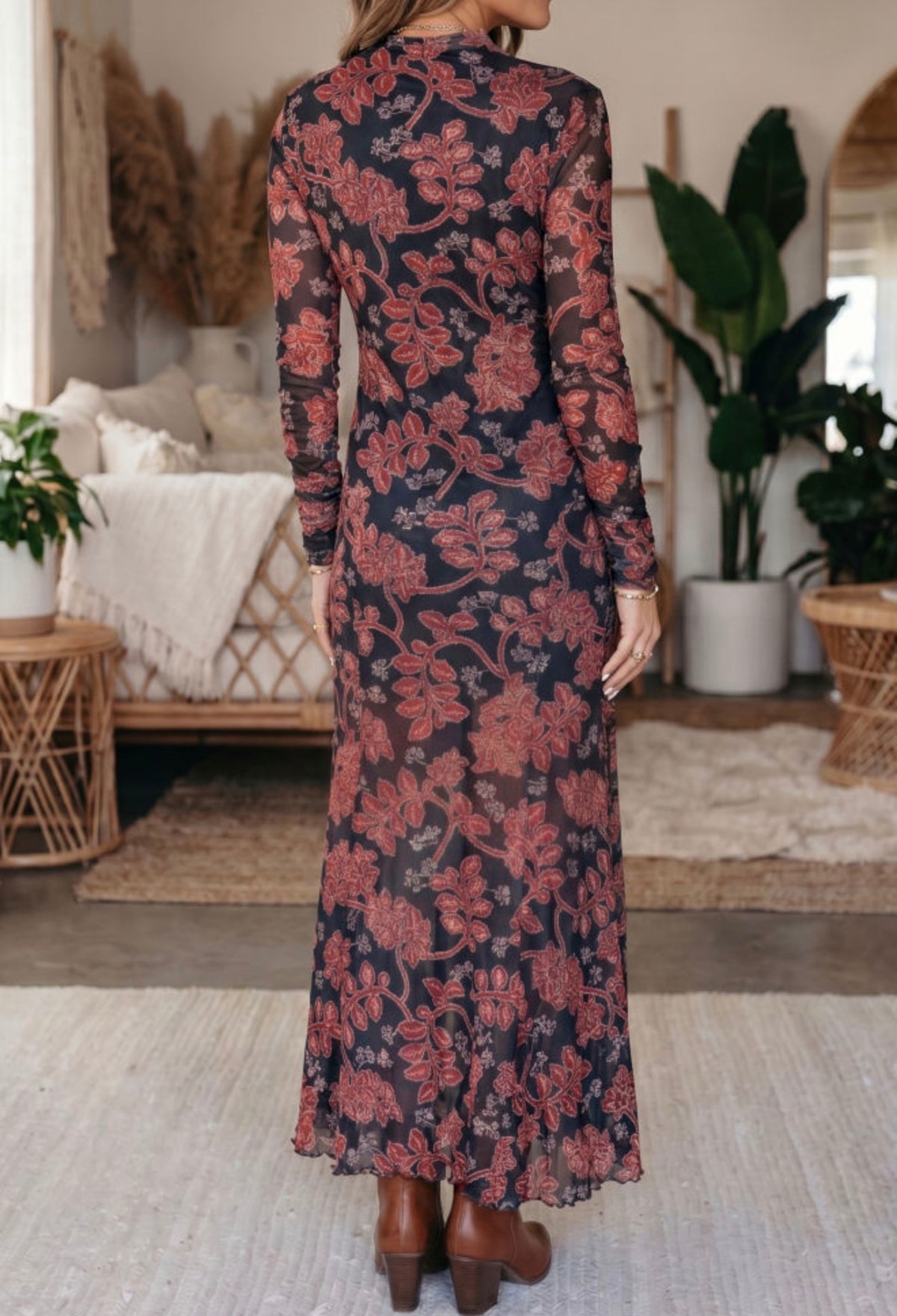 Black & Rust Floral Long Sleeve Maxi Dress