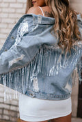 Rhinestone Fringe Distressed Denim Jacket