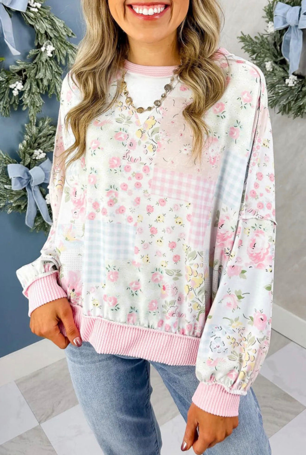 Pink Floral Patchwork Sweatshirt