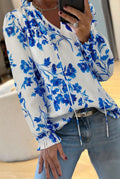 Blue Floral Lace-Up V-Neck Blouse