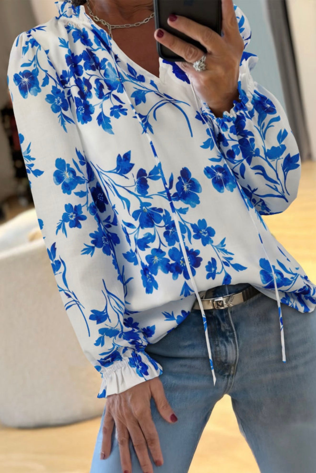 Blue Floral Lace-Up V-Neck Blouse
