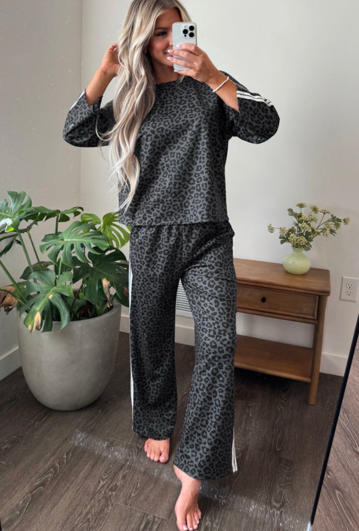 Gray Leopard Print Two-Piece Lounge Set