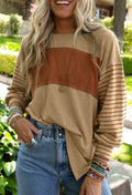 Khaki Color Block Striped Long Sleeve Top