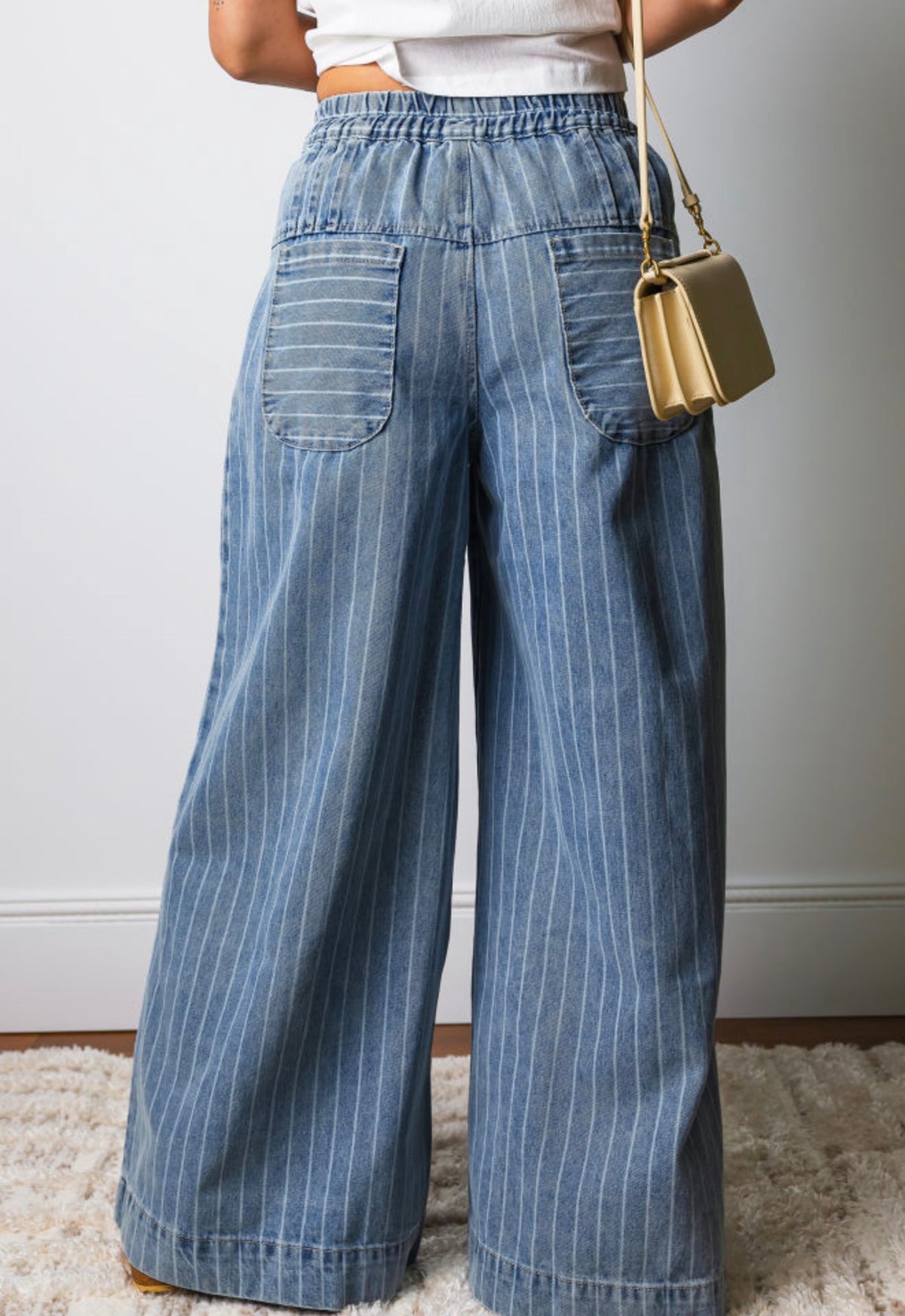 Sky Blue Striped Wide-Leg Drawstring Jeans