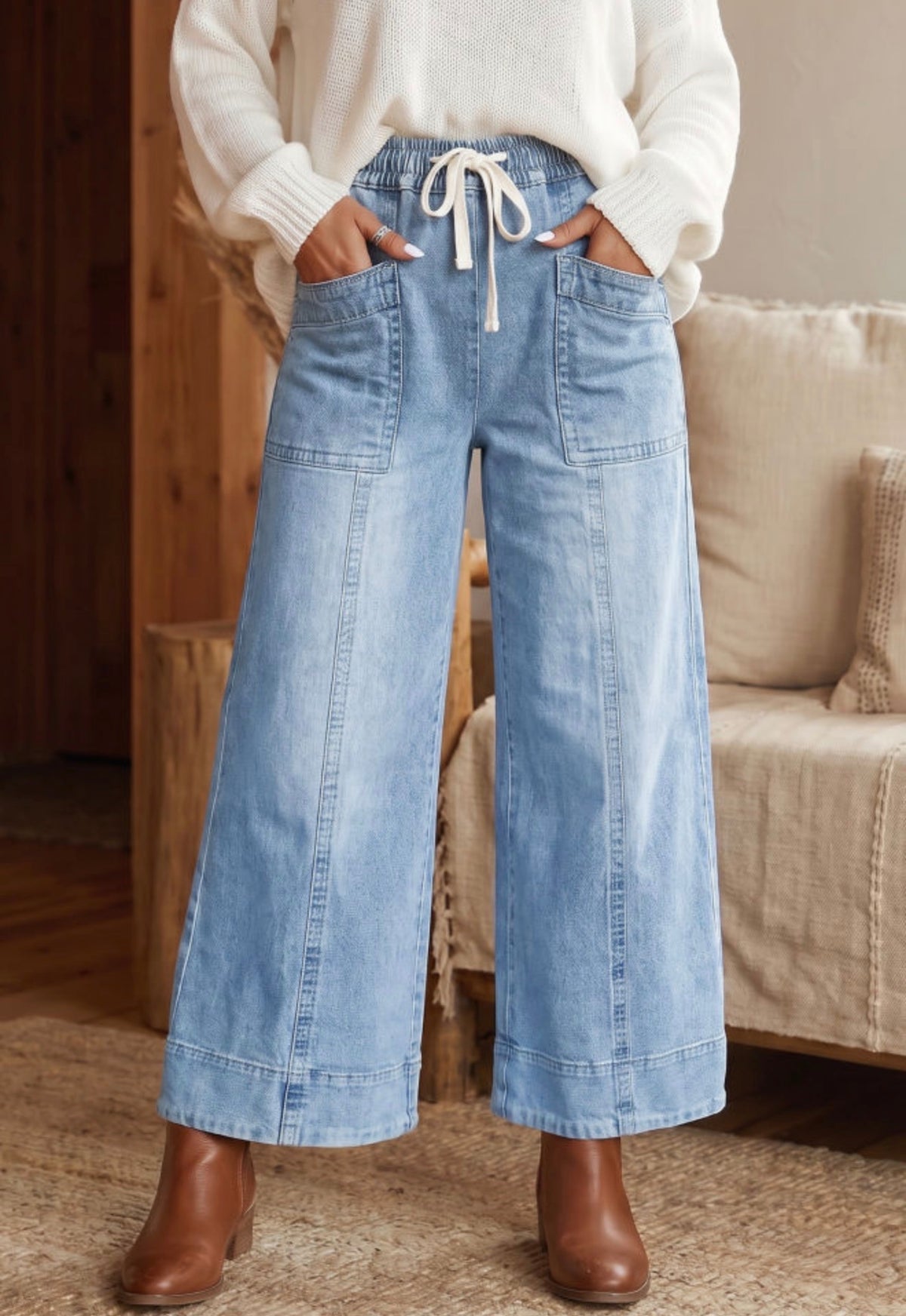 Beau Blue High-Waisted Drawstring Wide Leg Jeans