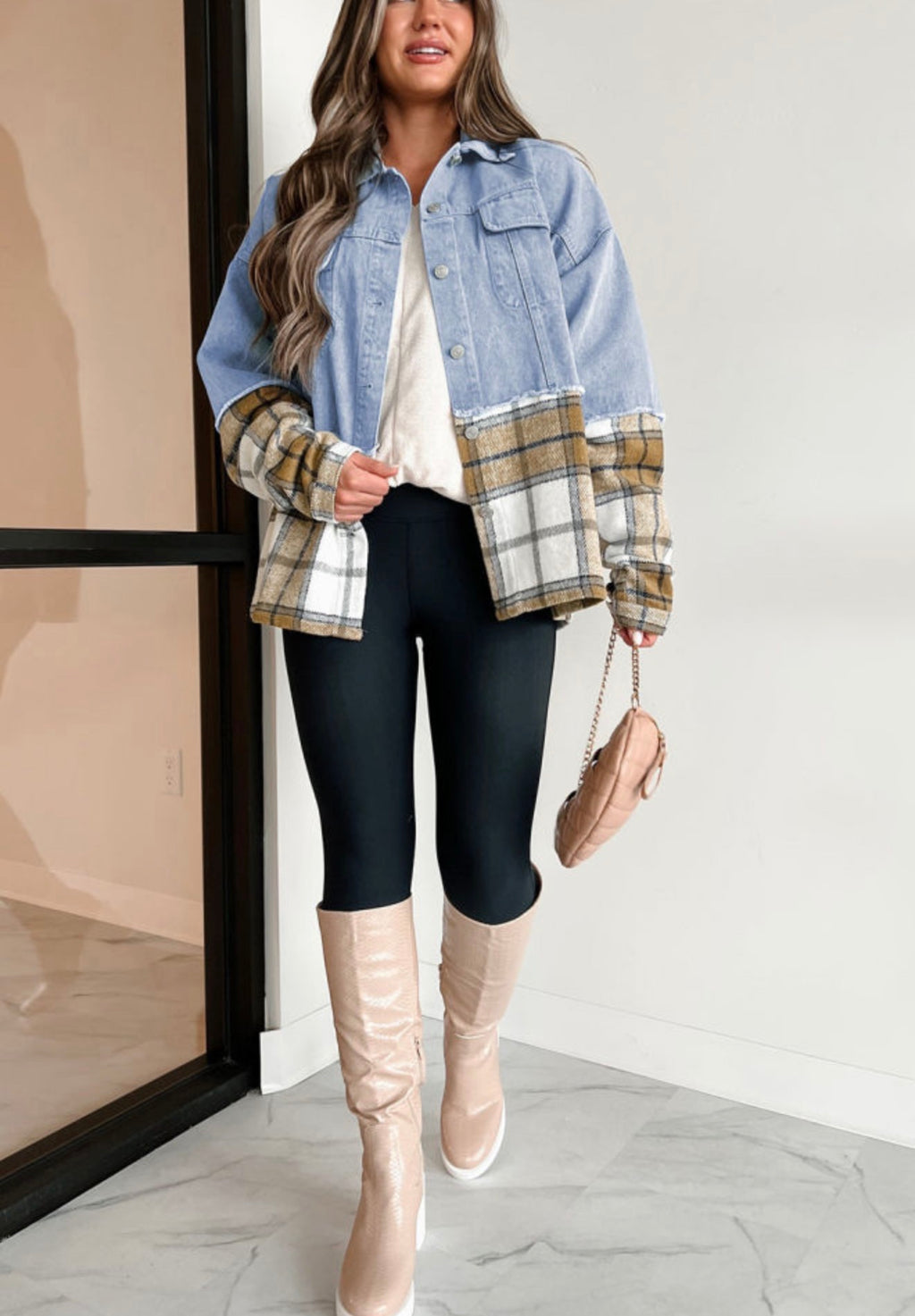 Khaki Plaid & Denim Colorblock Shacket