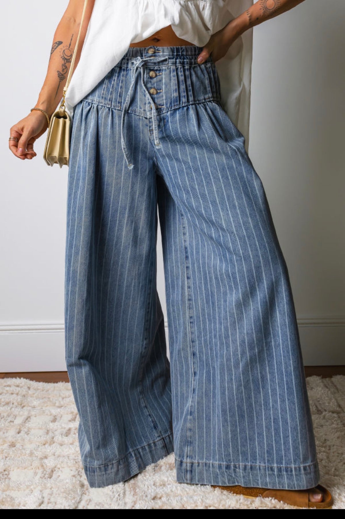 Sky Blue Striped Wide-Leg Drawstring Jeans