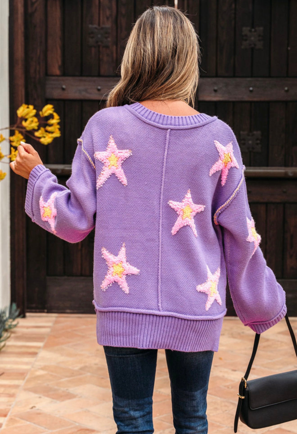 Lavender Star Patch Oversized V-Neck Sweater