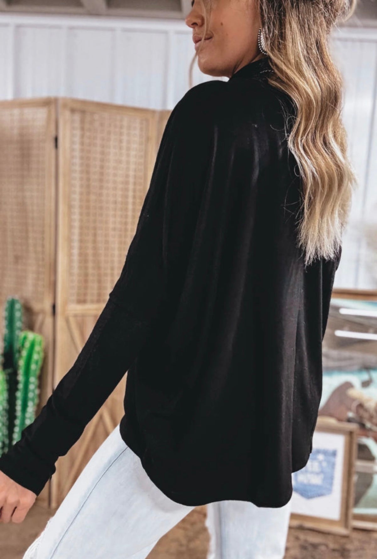 Black Relaxed Fit Mock Neck Long Sleeve Top