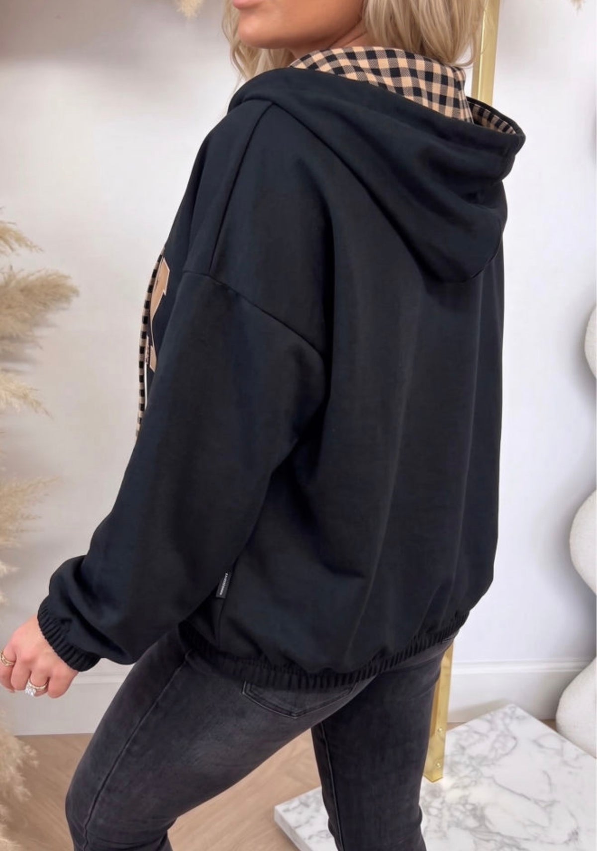PRAY Patchwork Plaid Hoodie – Black