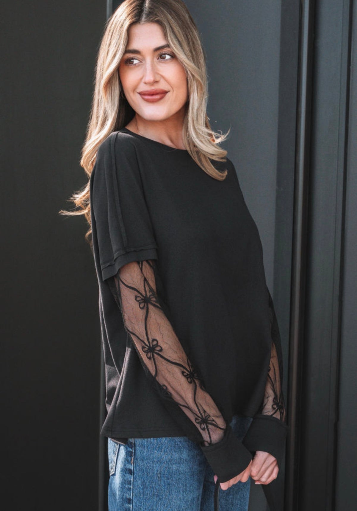 Black Bow Mesh Sleeve Top