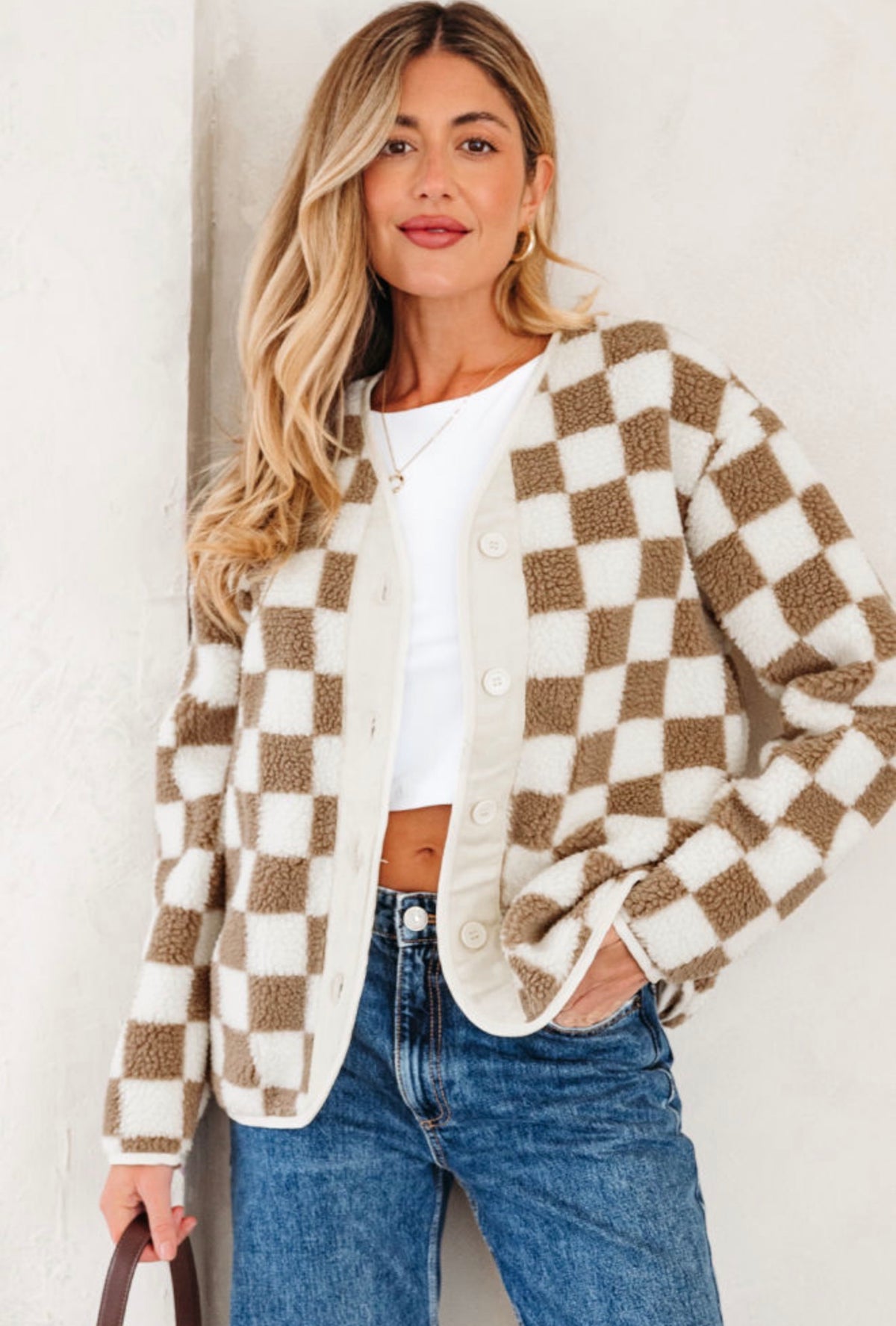 Brown & Cream Checkered Sherpa Jacket