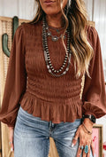 Coffee Smocked Peplum Long Sleeve Blouse