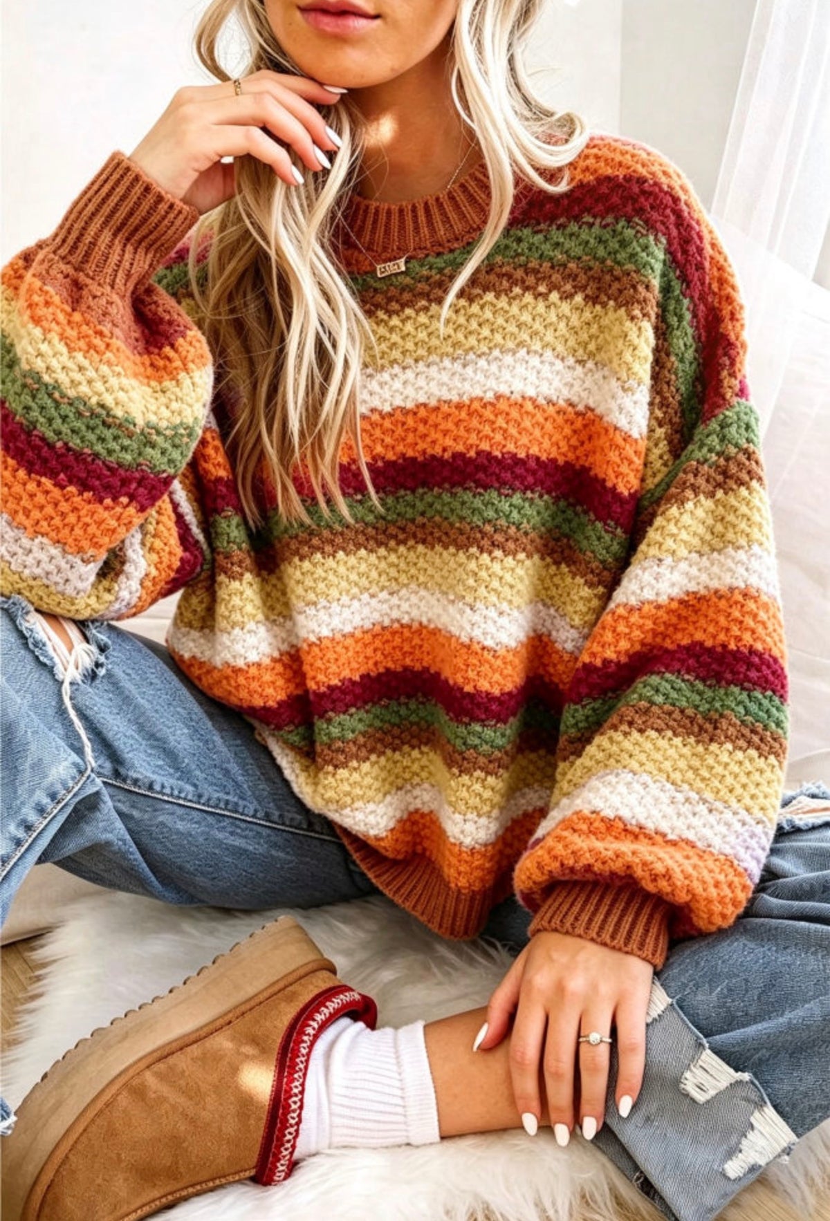 Autumn Rainbow Striped Chunky Knit Sweater