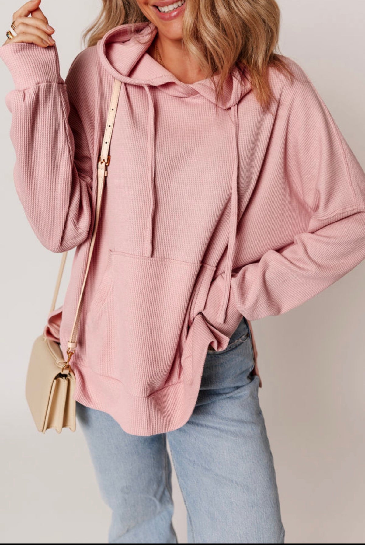 Light Pink Oversized Waffle Knit Hoodie