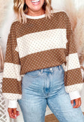 Brown & Cream Polka Dot Colorblock Long Sleeve Top