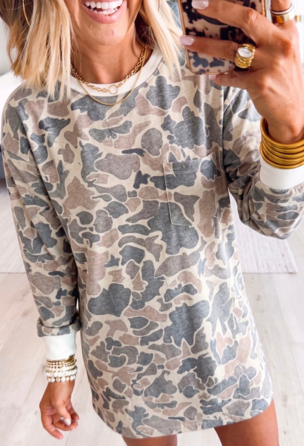Neutral Camo Long Sleeve Mini Dress