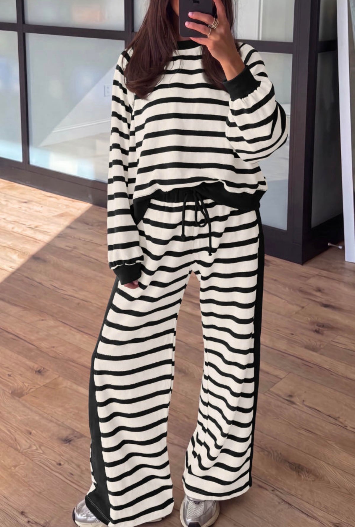 Black & Cream Striped Two-Piece Lounge Set