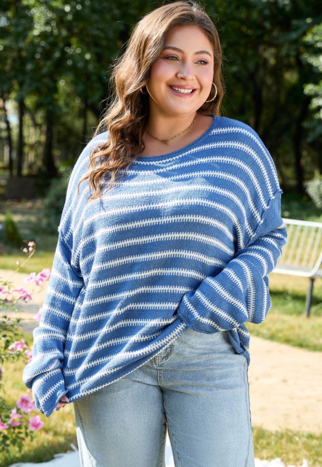 Sky Blue & White Striped Relaxed Sweater