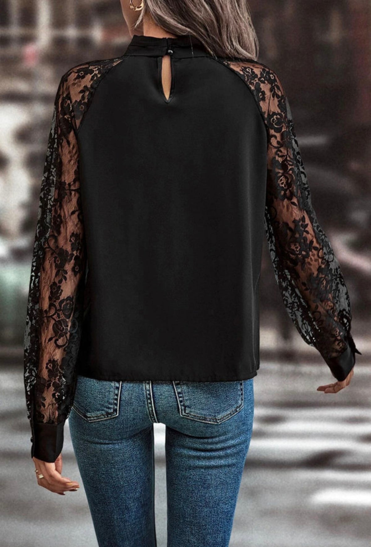 Elegant Black Floral Lace Sleeve Blouse