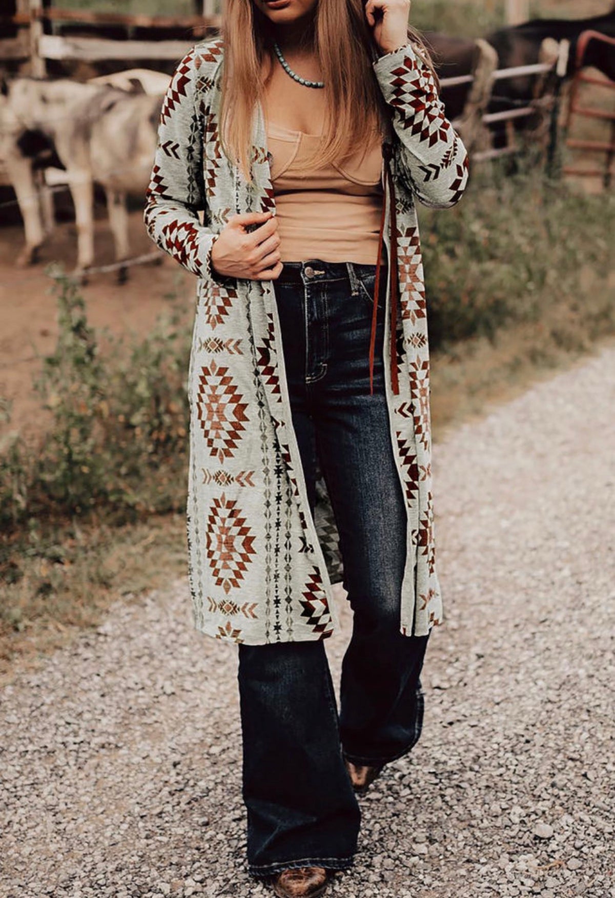 Western Geometric Print Long Cardigan