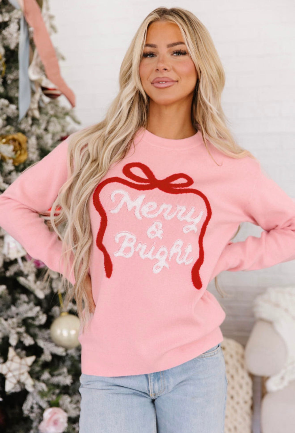 Merry & Bright Pink Christmas Bow Sweater