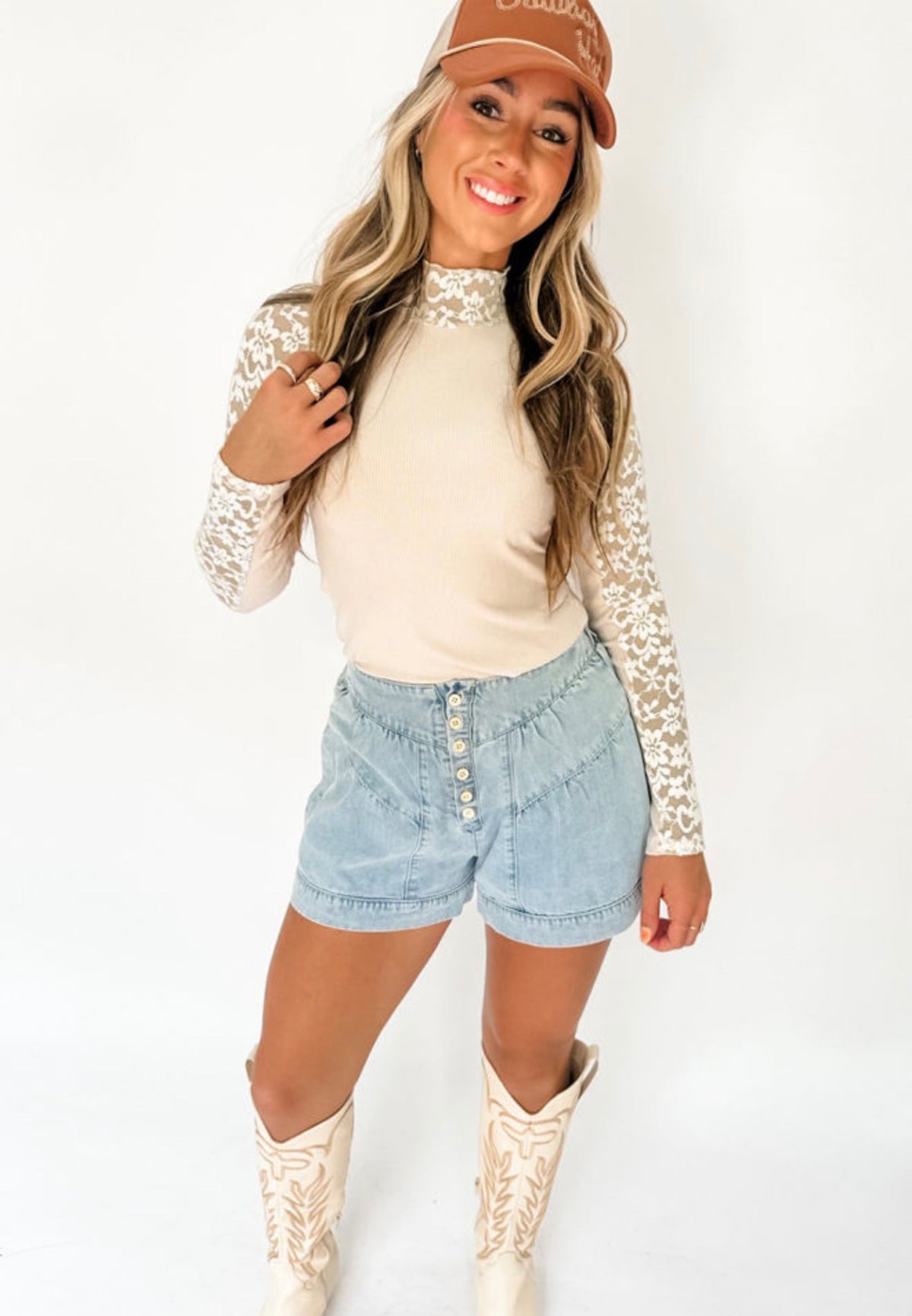 Beige Floral Lace Long Sleeve Top