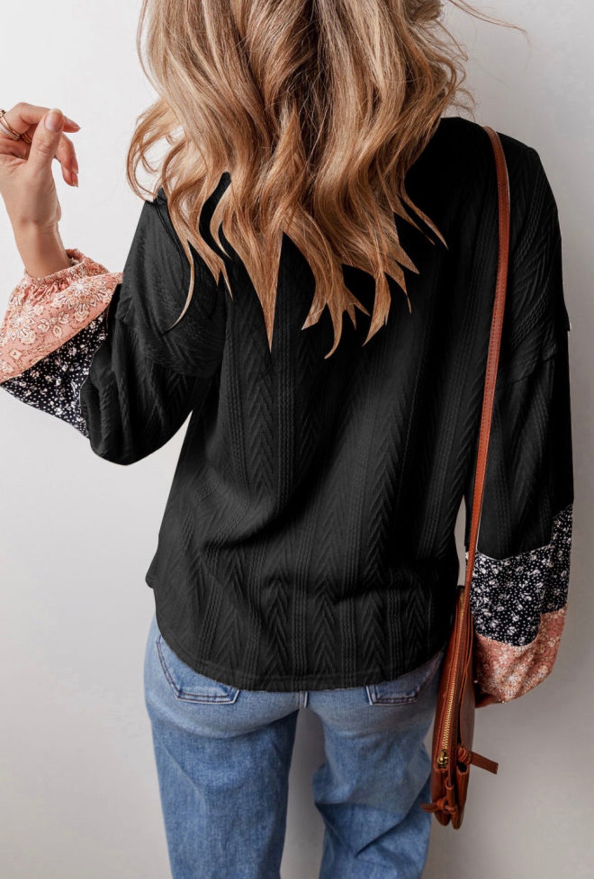 Black Floral Patchwork V-Neck Top