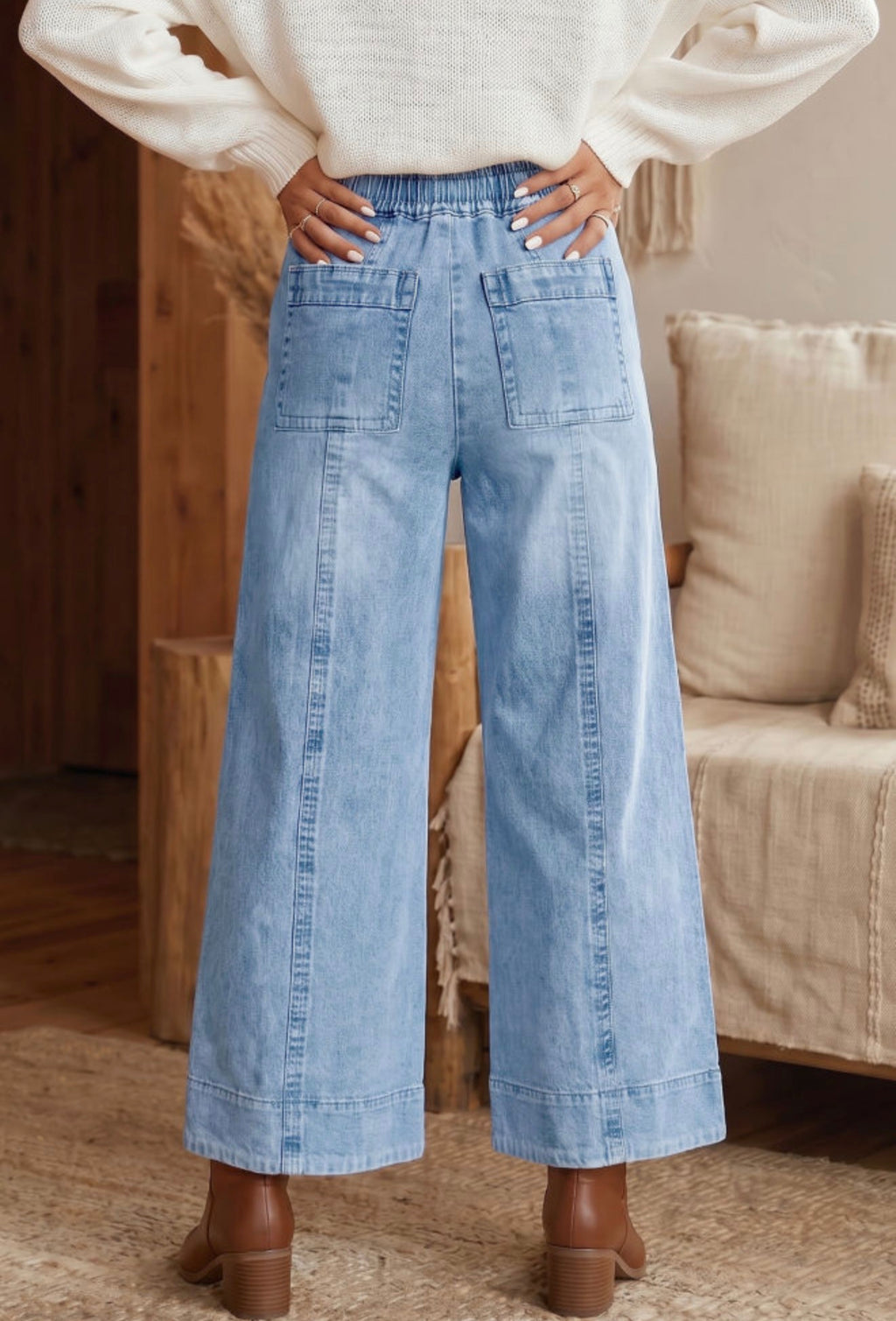 Beau Blue High-Waisted Drawstring Wide Leg Jeans
