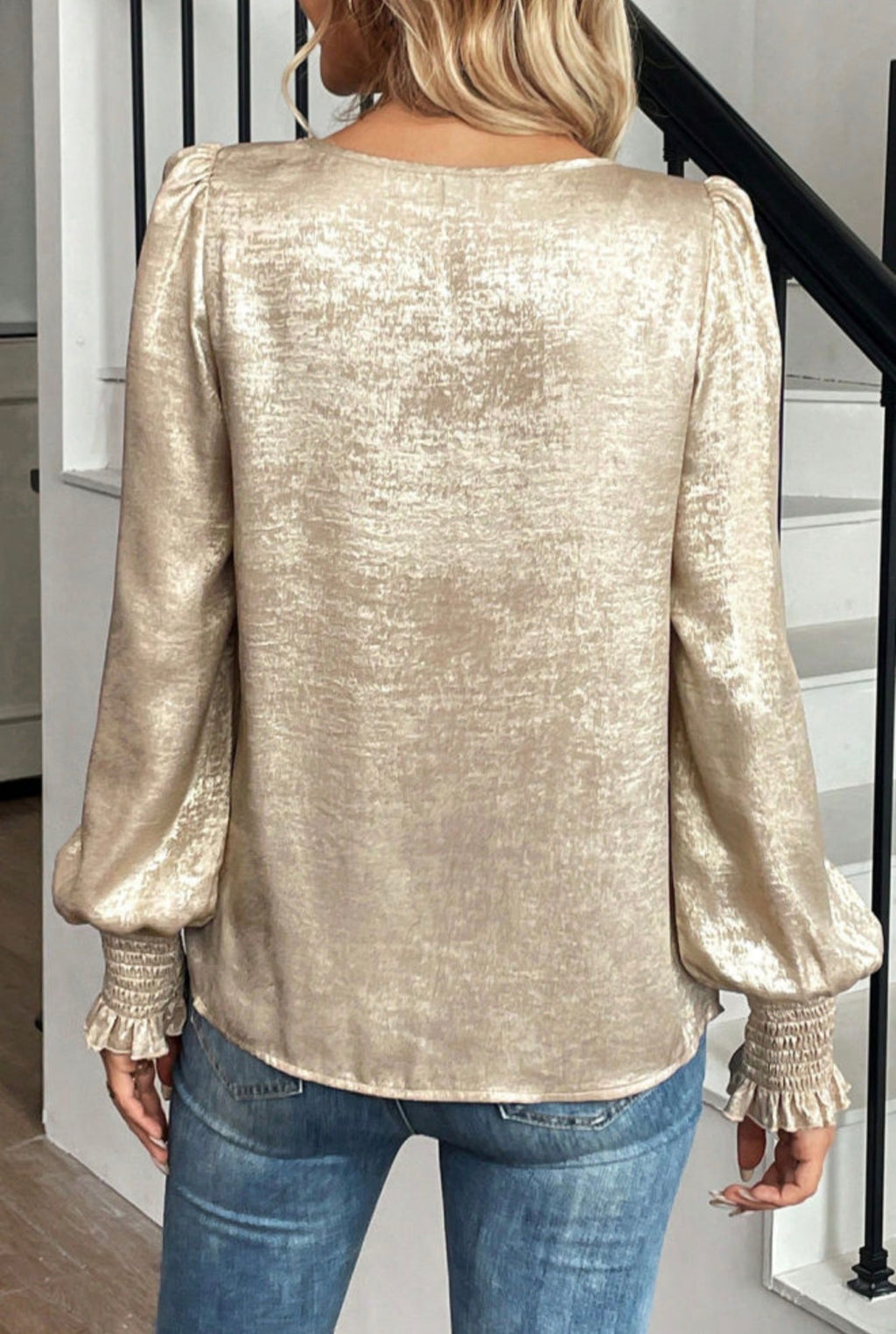 Champagne Shimmer Balloon Sleeve Blouse