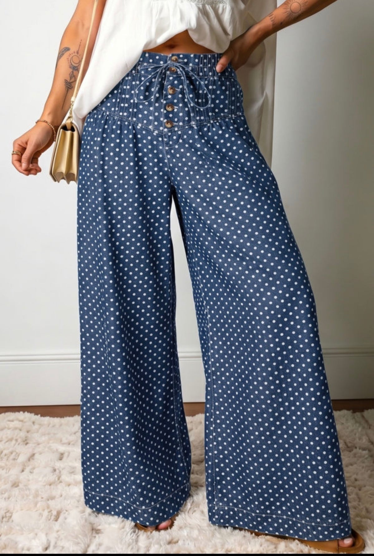 Sky Blue Polka Dot High-Waisted Wide-Leg Jeans
