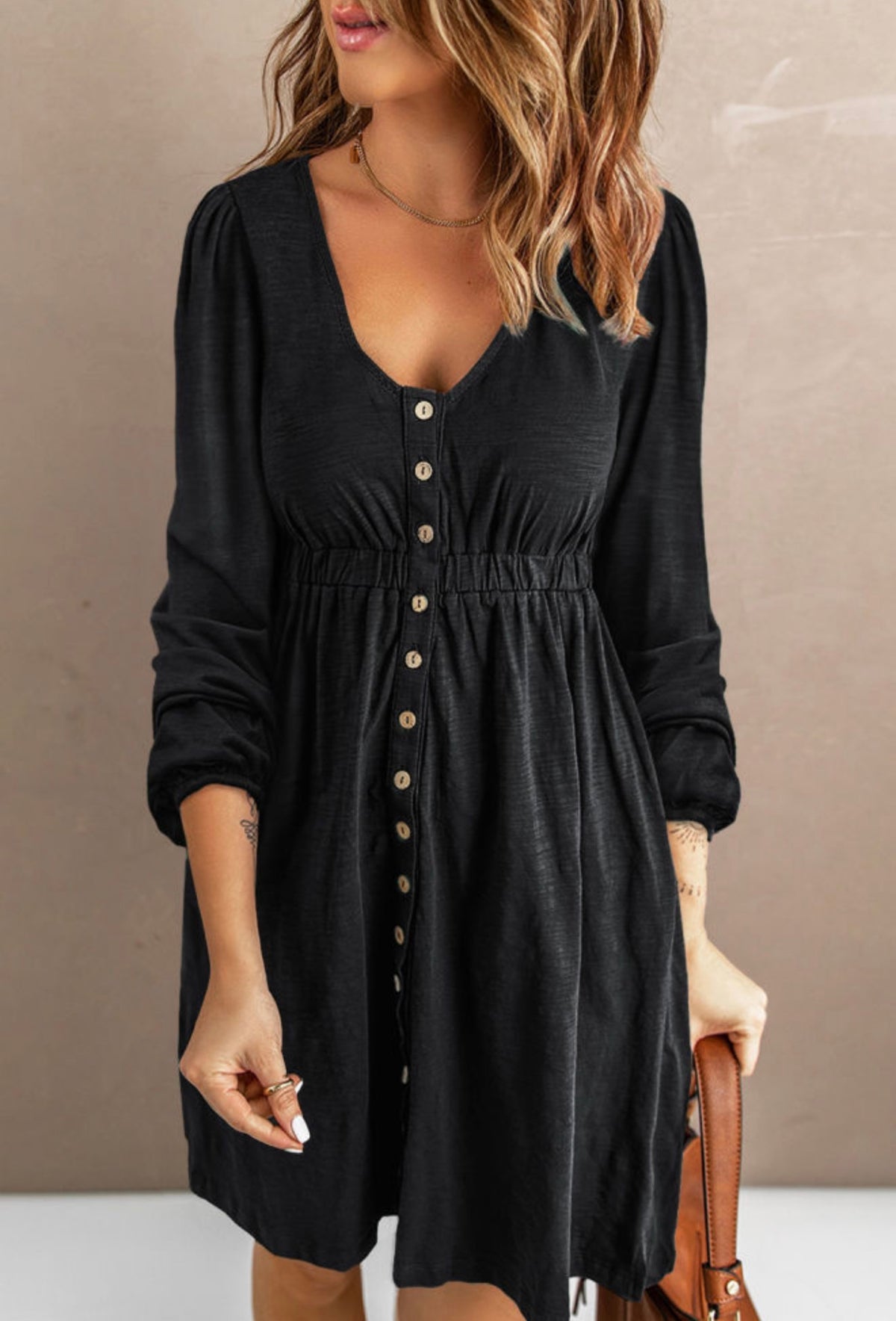 Black Button-Front Long Sleeve Dress