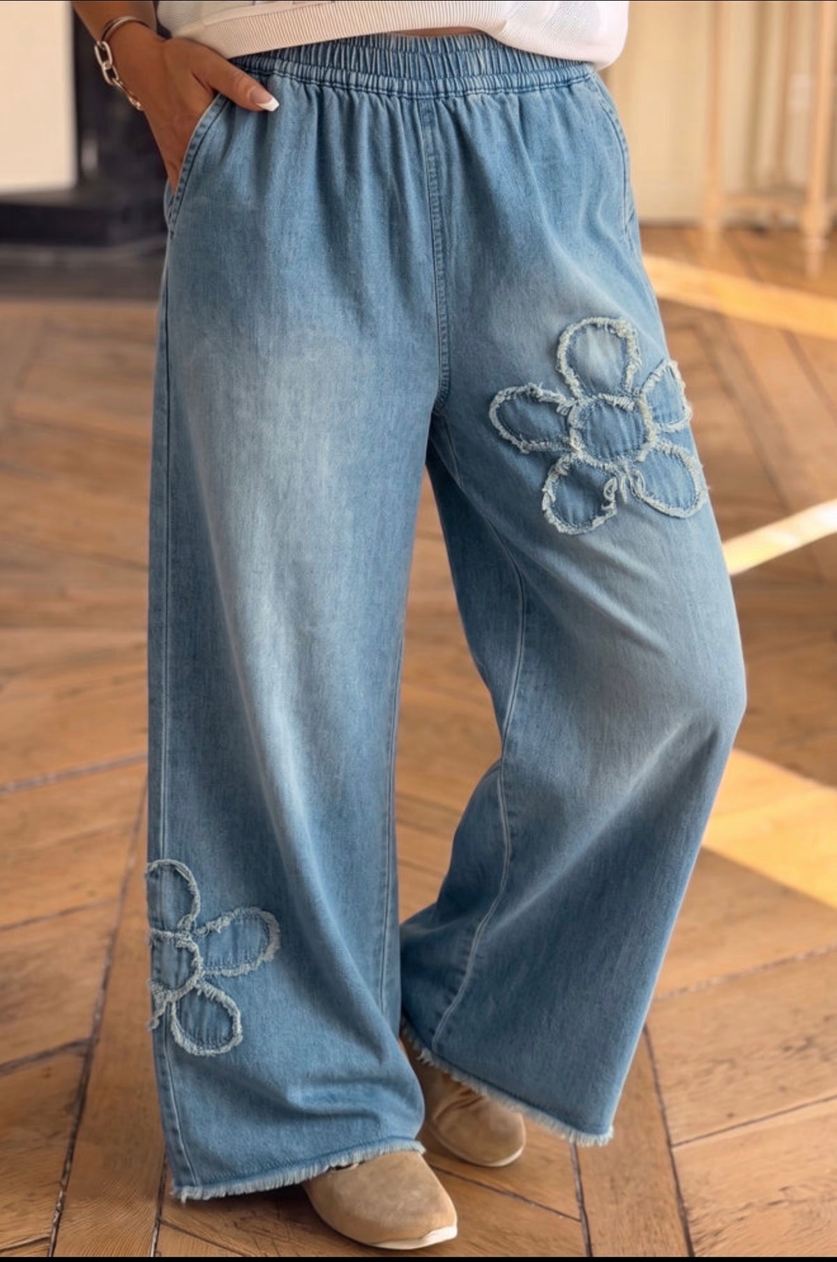 Beau Blue Floral Patch Wide-Leg Jeans