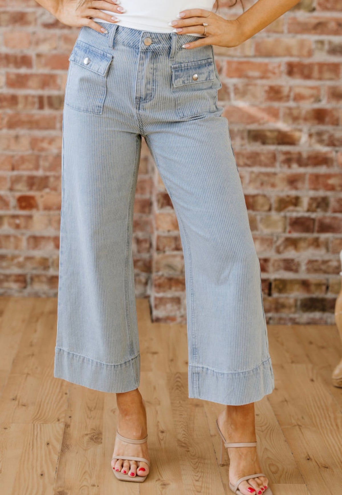 Sky Blue Pinstripe Wide Leg Cropped Jeans