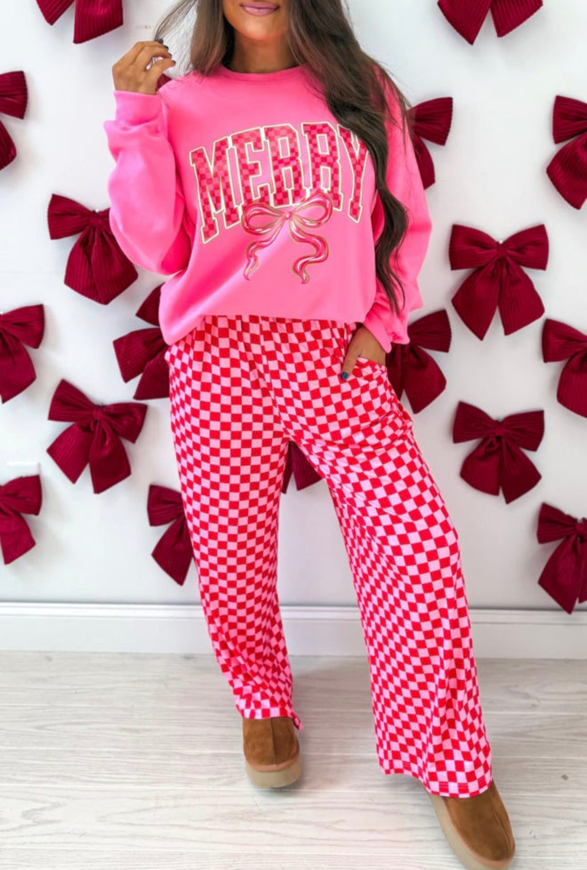 Holly Jolly & Merry Christmas Checkered Two-Piece Set