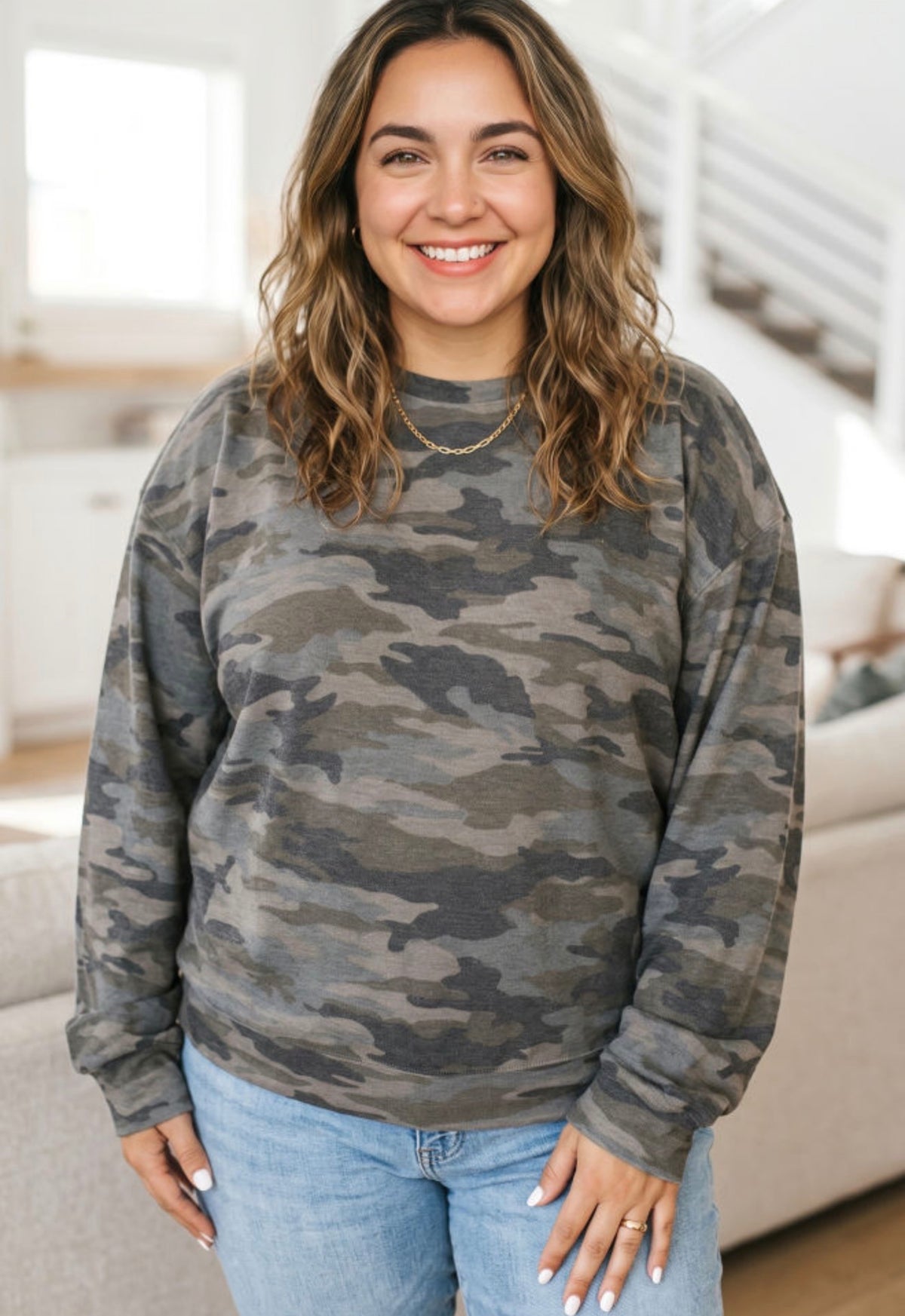 Vintage Green Camo Relaxed Long Sleeve Top